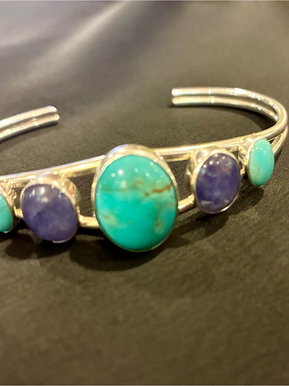 Vintage Jay King Silver Cuff with Turquoise and Purple Stones